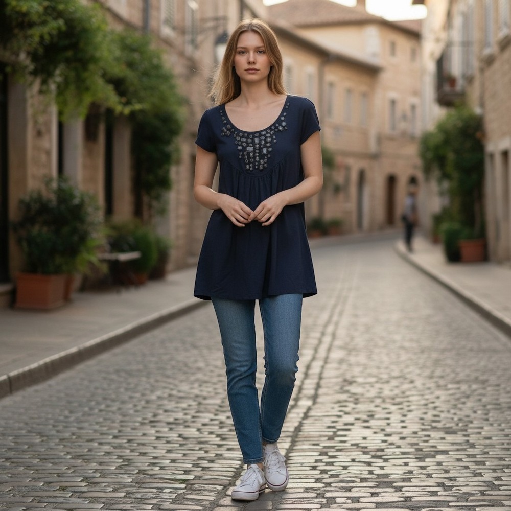 J.Crew Navy Blue Jeweled Bib Cotton Tunic Top Short Sleeve Size 0